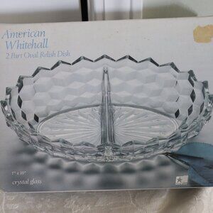 American Whitehall Indiana Glass 2 Part Crystal Glass Oval Relish Dish 7"x10